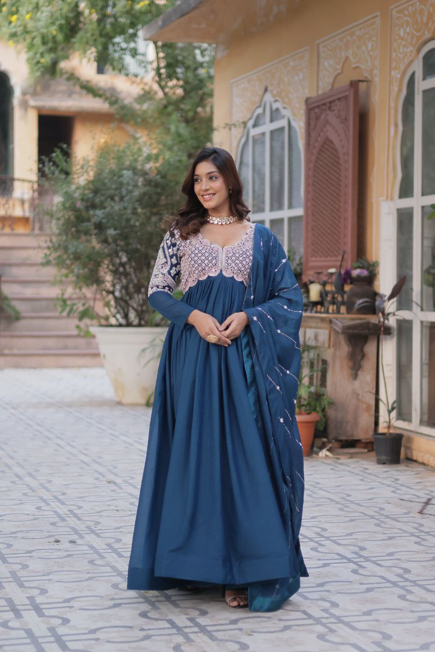 Premium Star Georgette Embroidered Purple & Greenish Blue Gown with Dupatta