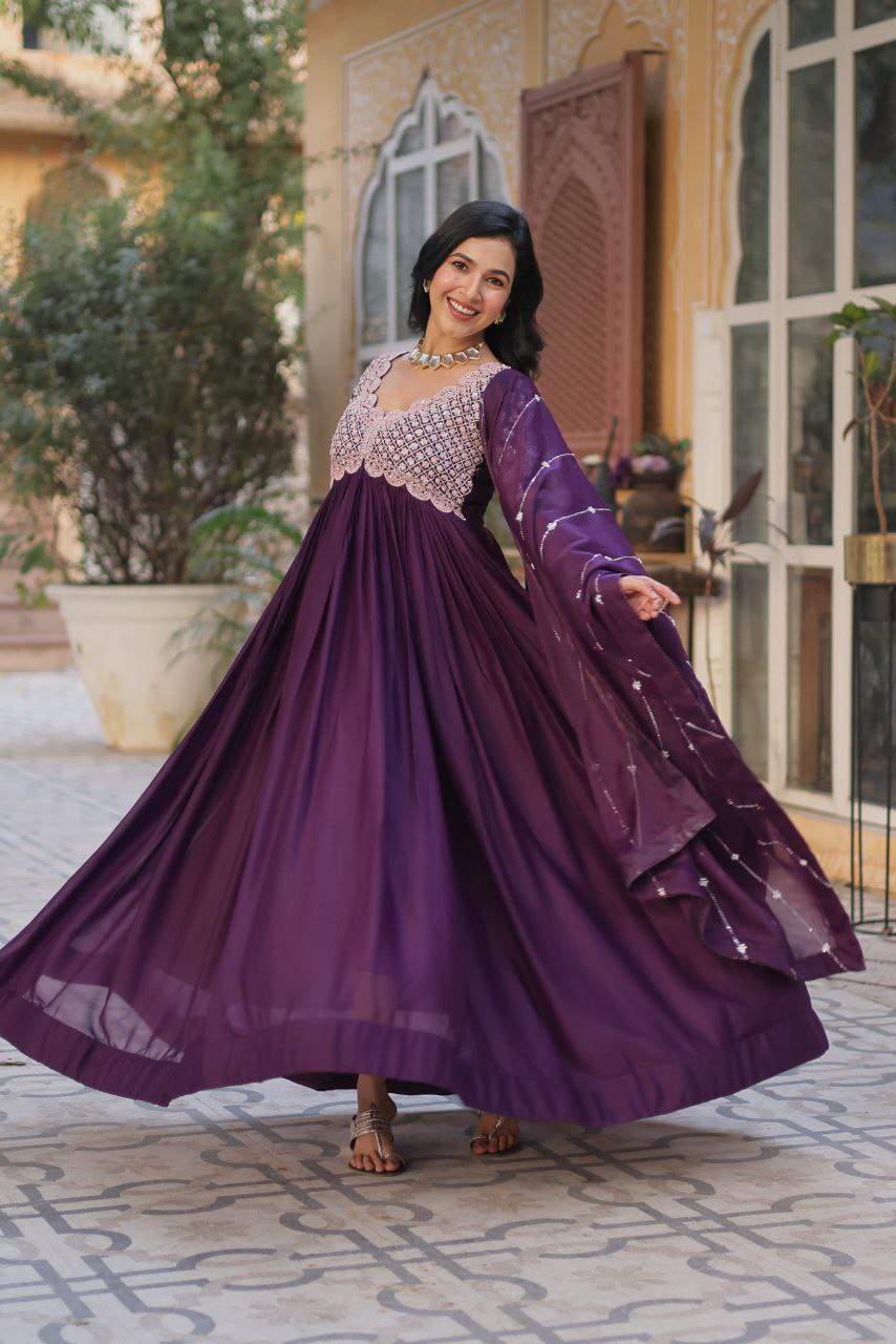Premium Star Georgette Embroidered Purple & Greenish Blue Gown with Dupatta