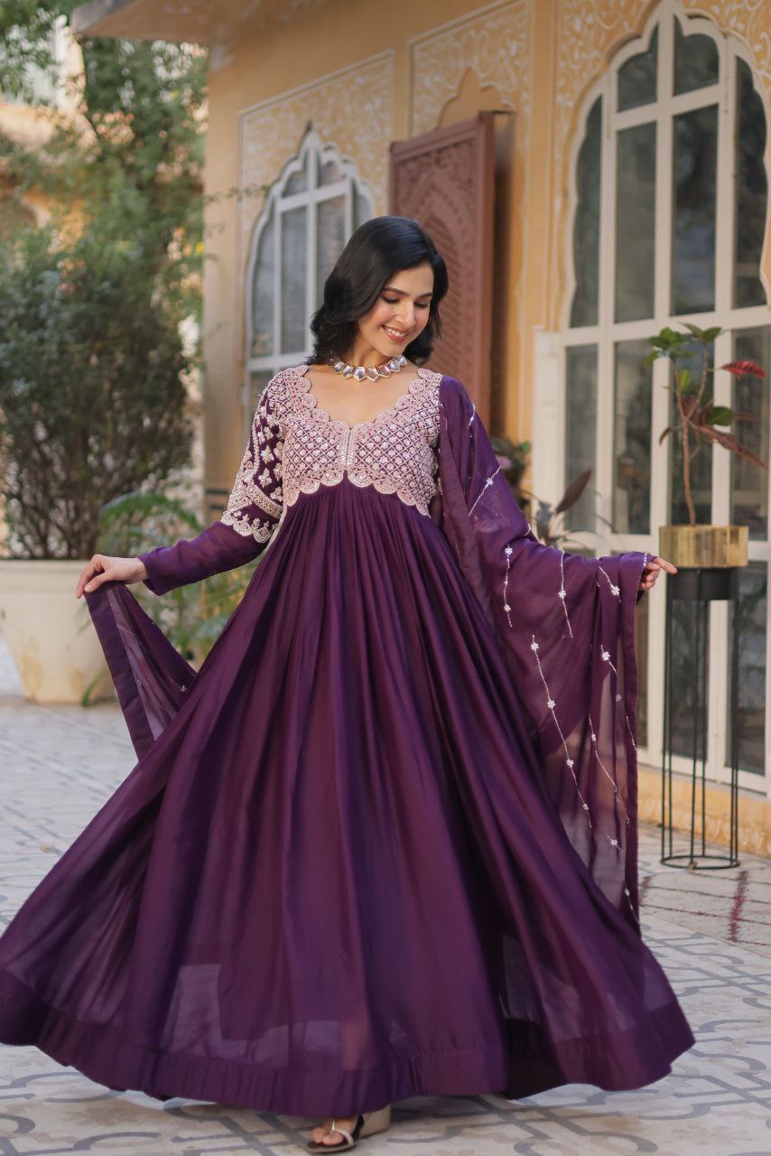 Premium Star Georgette Embroidered Purple & Greenish Blue Gown with Dupatta
