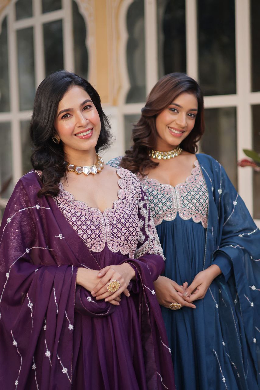 Premium Star Georgette Embroidered Purple & Greenish Blue Gown with Dupatta