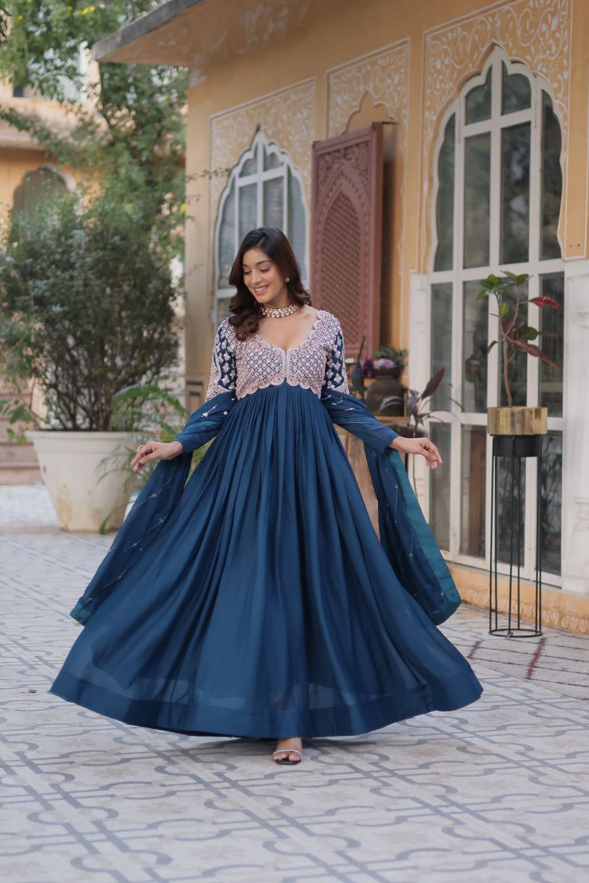 Premium Star Georgette Embroidered Purple & Greenish Blue Gown with Dupatta