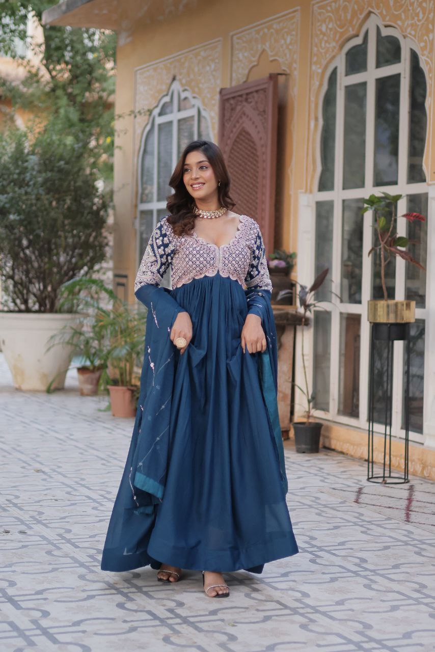 Premium Star Georgette Embroidered Purple & Greenish Blue Gown with Dupatta