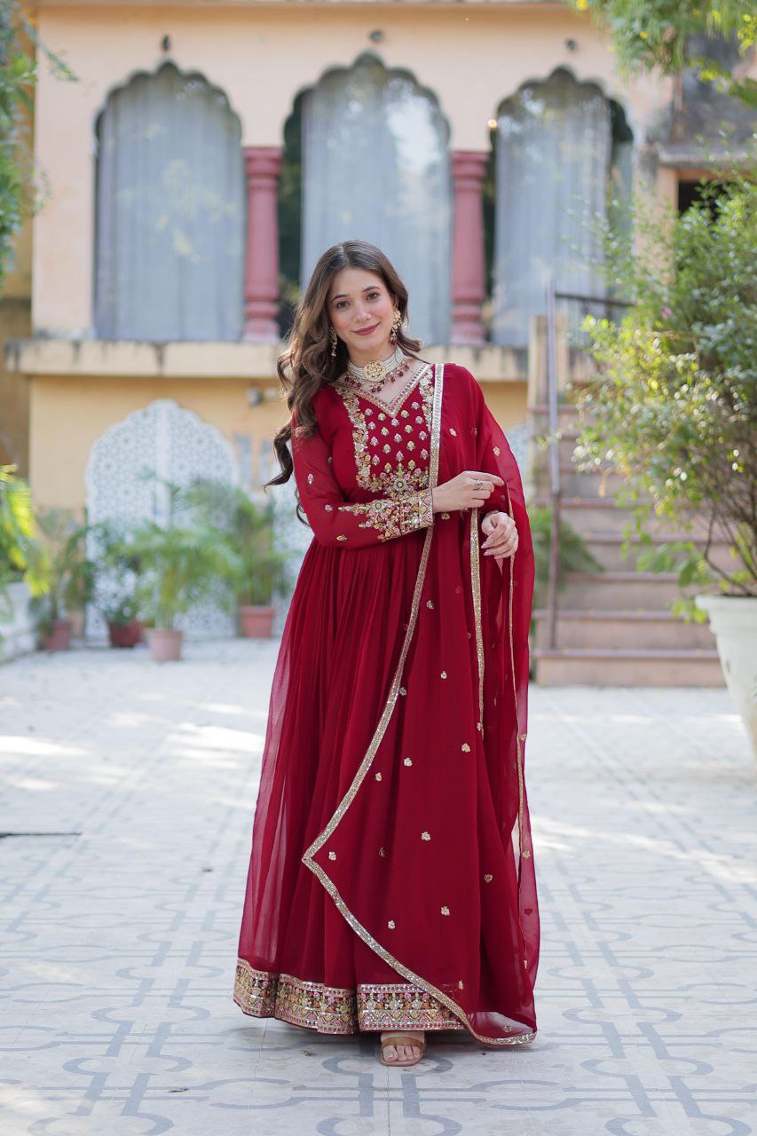 Faux Blooming Georgette Gown with Embroidered Dupatta