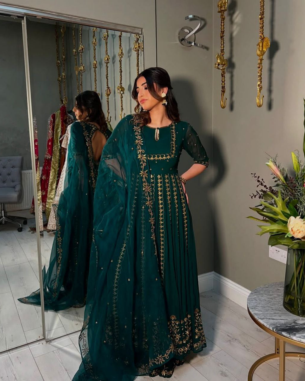 Pure Fox Georgette Gown with Embroidered Dupatta & Pant Set