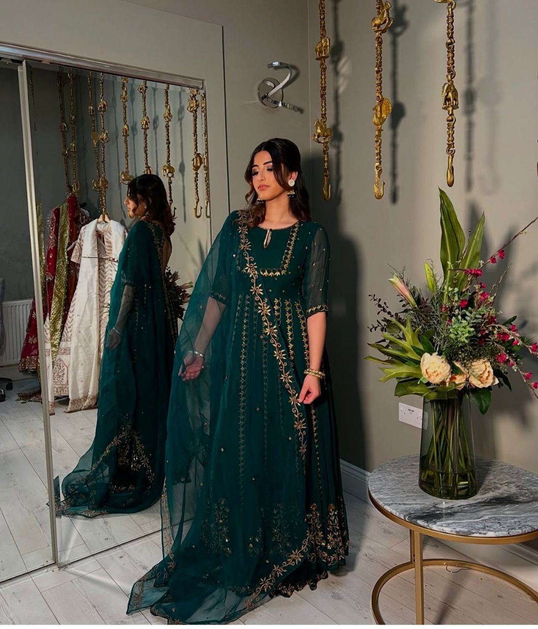 Pure Fox Georgette Gown with Embroidered Dupatta & Pant Set