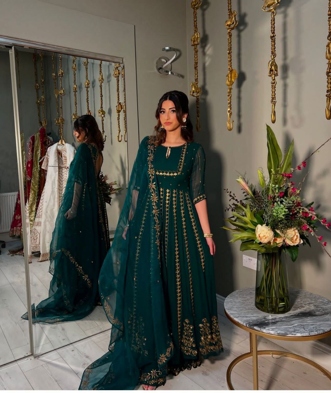Pure Fox Georgette Gown with Embroidered Dupatta & Pant Set