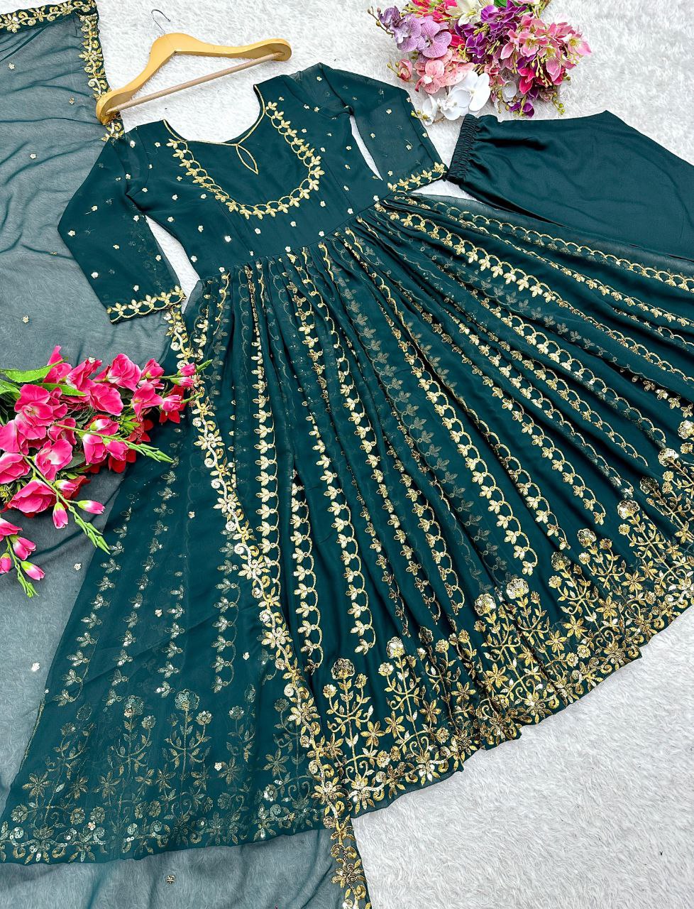 Pure Fox Georgette Gown with Embroidered Dupatta & Pant Set