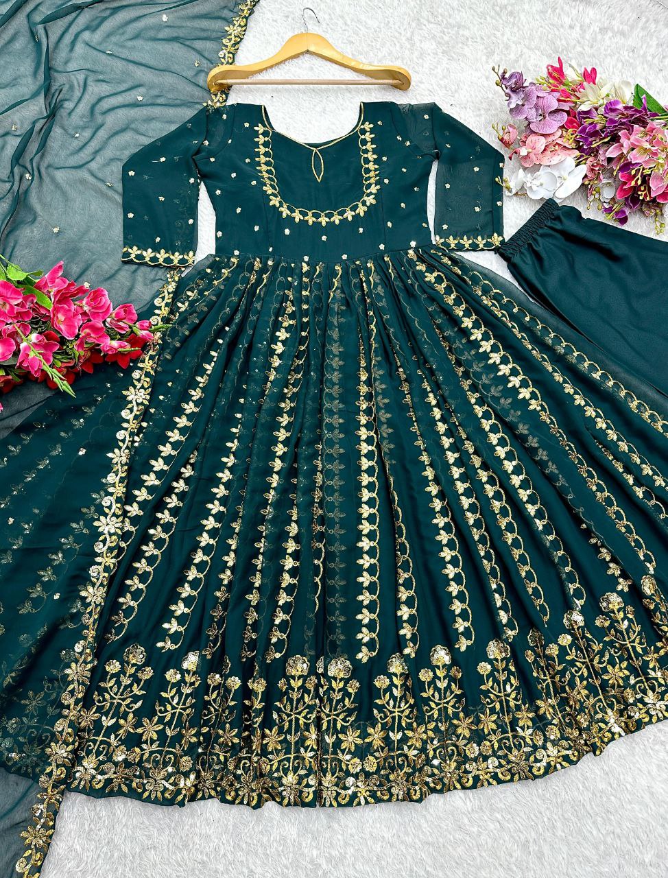 Pure Fox Georgette Gown with Embroidered Dupatta & Pant Set