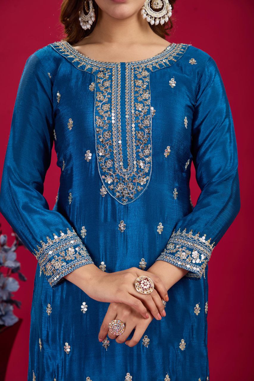 New Festival Collection β Chinnon Silk Embroidered Top, Pant & Dupatta Set