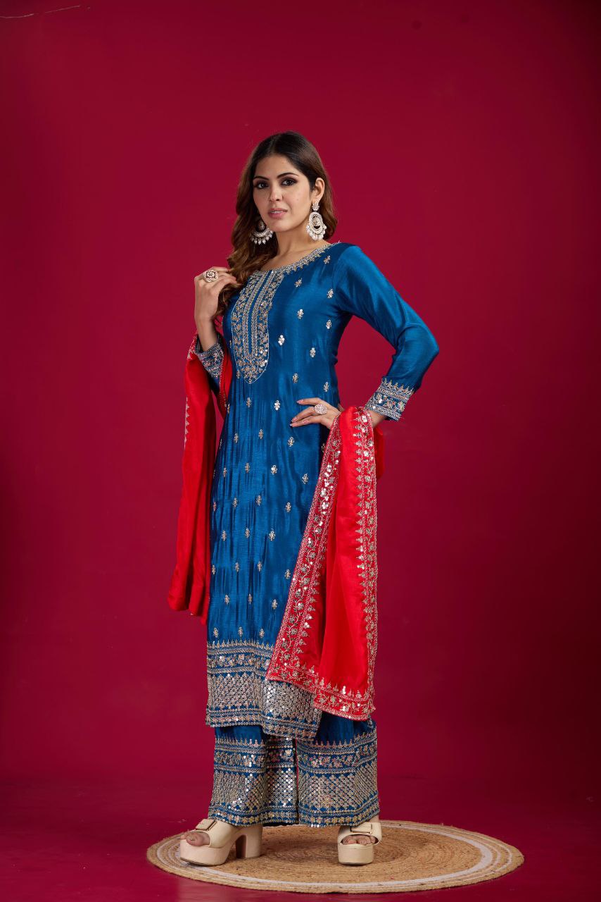 New Festival Collection β Chinnon Silk Embroidered Top, Pant & Dupatta Set