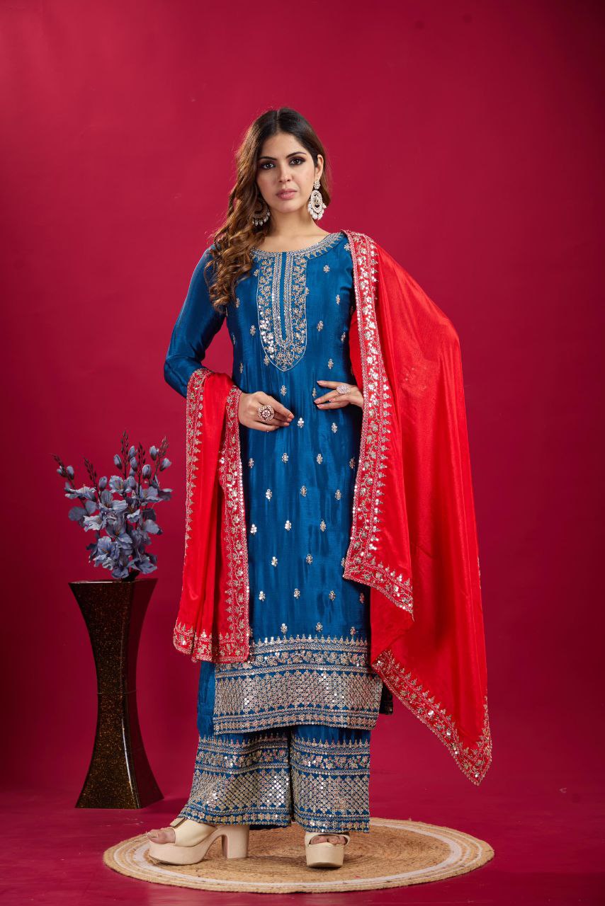 New Festival Collection β Chinnon Silk Embroidered Top, Pant & Dupatta Set