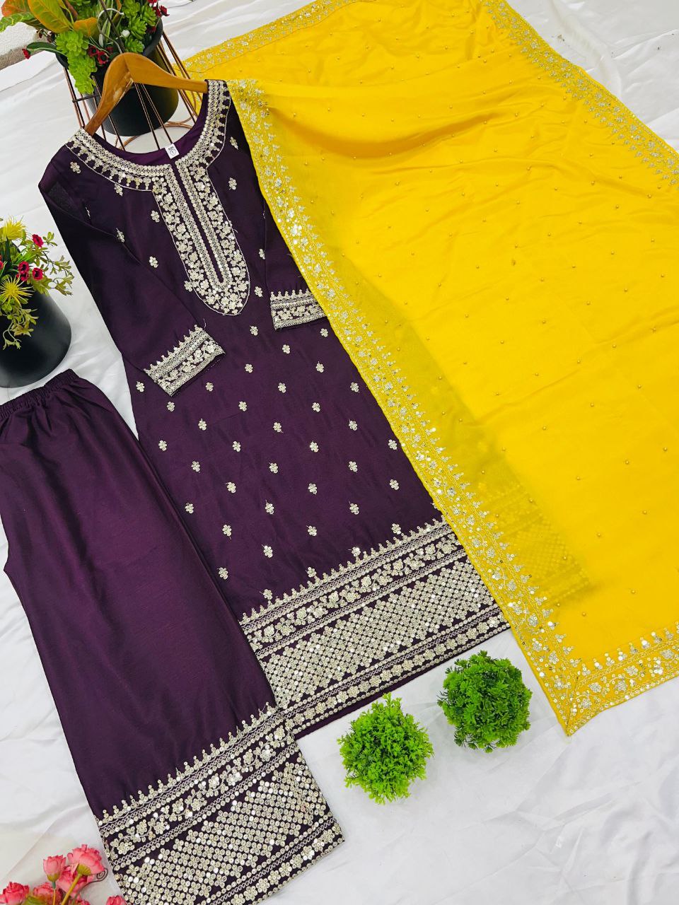 New Festival Collection β Chinnon Silk Embroidered Top, Pant & Dupatta Set