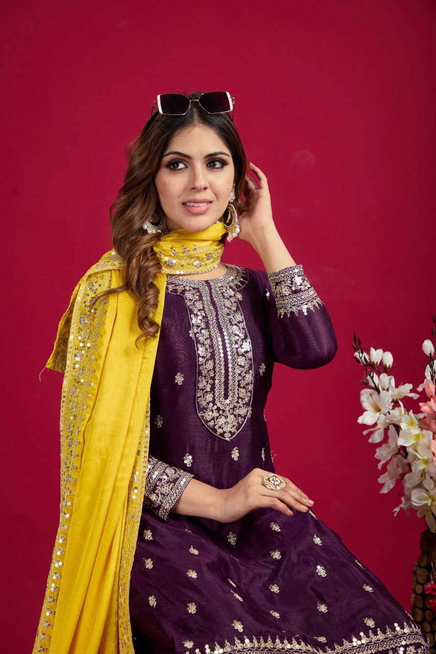 New Festival Collection β Chinnon Silk Embroidered Top, Pant & Dupatta Set