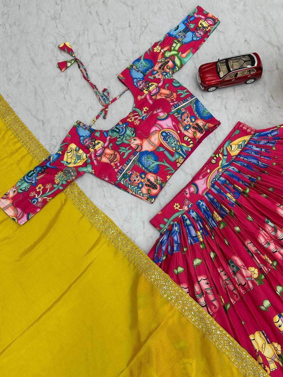 Kalamkari Printed Lehenga Choli with Chinon Embroidered Dupatta β Fully Stitched Festival Wear