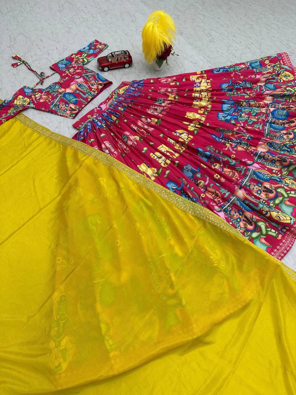 Kalamkari Printed Lehenga Choli with Chinon Embroidered Dupatta β Fully Stitched Festival Wear