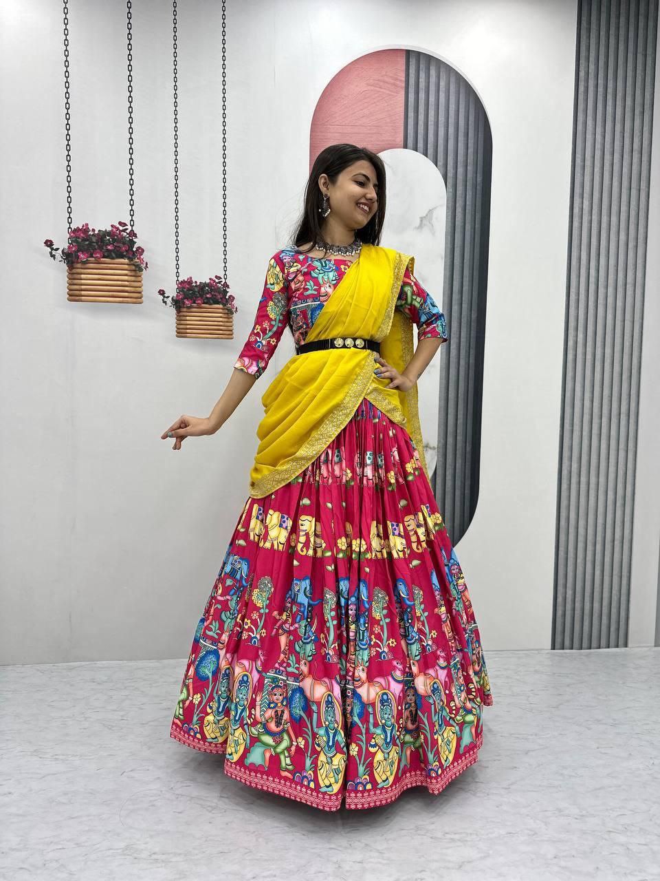 Kalamkari Printed Lehenga Choli with Chinon Embroidered Dupatta β Fully Stitched Festival Wear