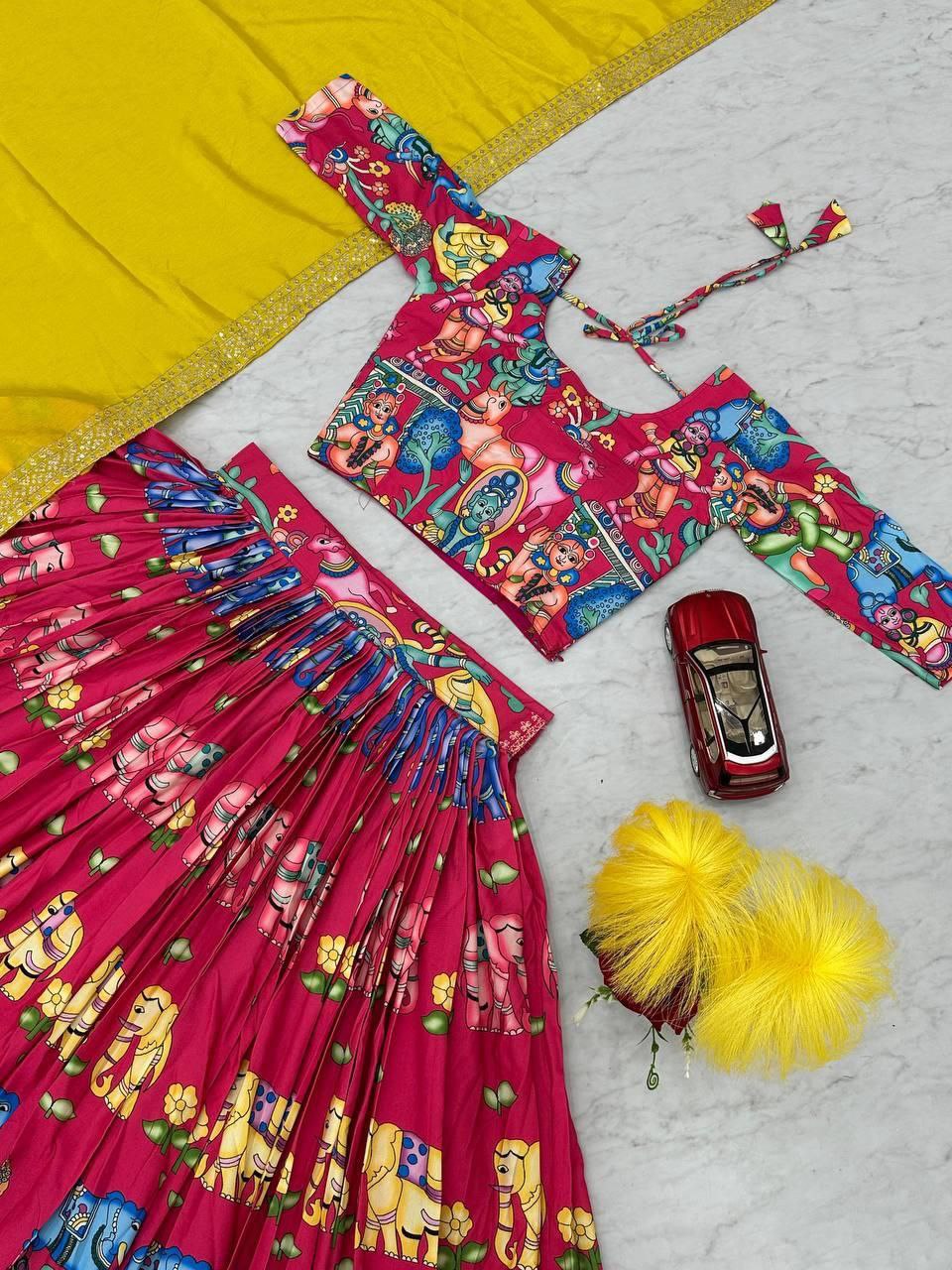 Kalamkari Printed Lehenga Choli with Chinon Embroidered Dupatta β Fully Stitched Festival Wear