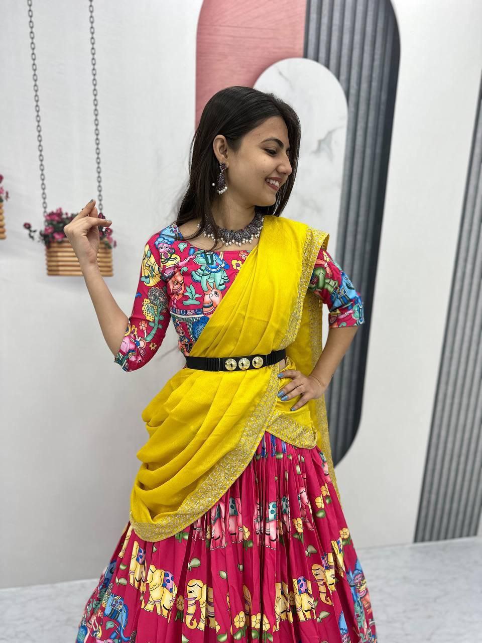 Kalamkari Printed Lehenga Choli with Chinon Embroidered Dupatta β Fully Stitched Festival Wear