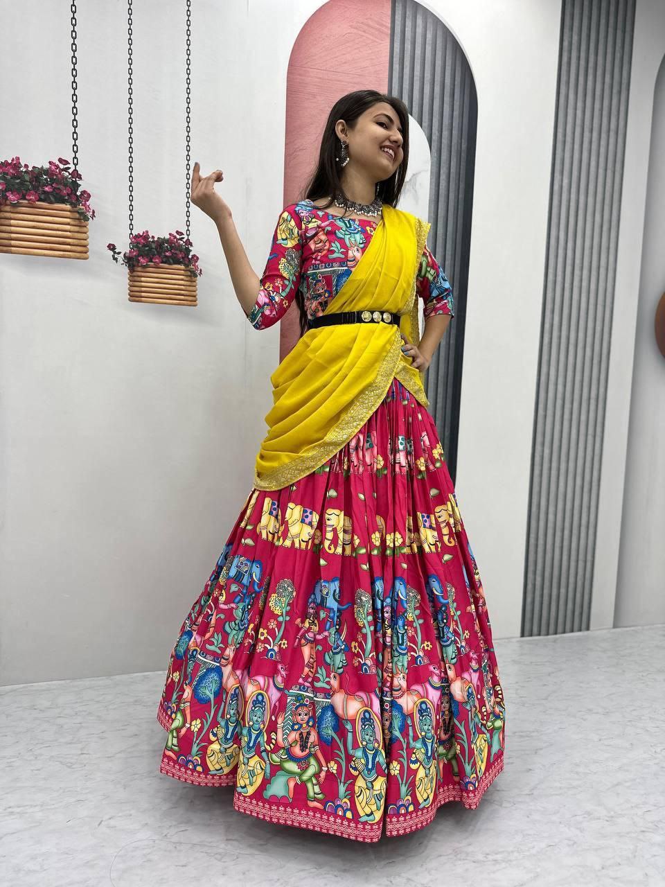 Kalamkari Printed Lehenga Choli with Chinon Embroidered Dupatta β Fully Stitched Festival Wear
