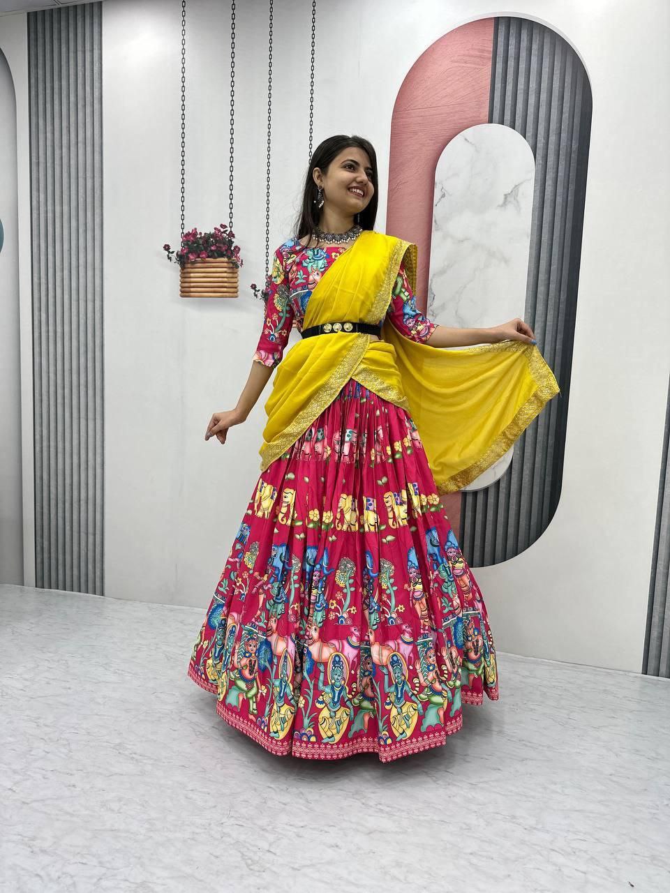 Kalamkari Printed Lehenga Choli with Chinon Embroidered Dupatta β Fully Stitched Festival Wear