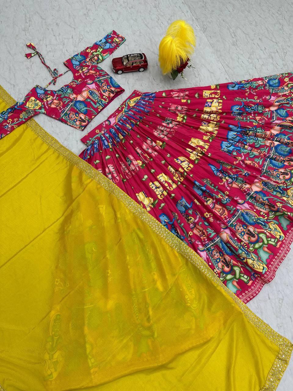 Kalamkari Printed Lehenga Choli with Chinon Embroidered Dupatta β Fully Stitched Festival Wear