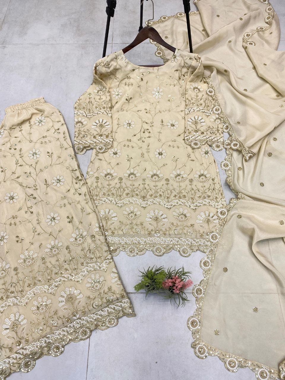 Chinon Kurta Plazzo Dupatta Set with All-Over Sequin Embroidery