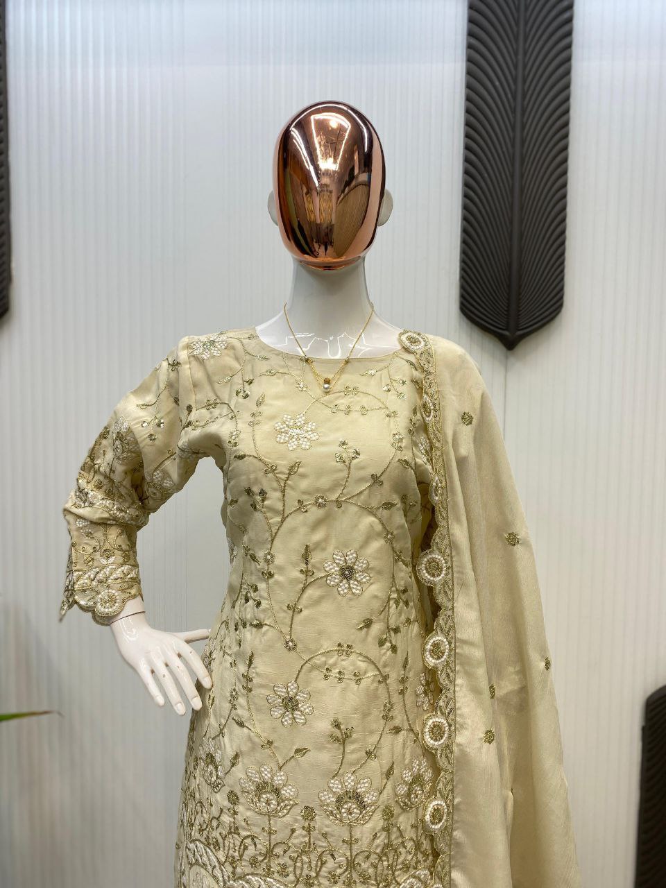 Chinon Kurta Plazzo Dupatta Set with All-Over Sequin Embroidery