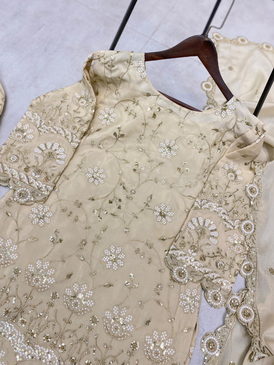 Chinon Kurta Plazzo Dupatta Set with All-Over Sequin Embroidery