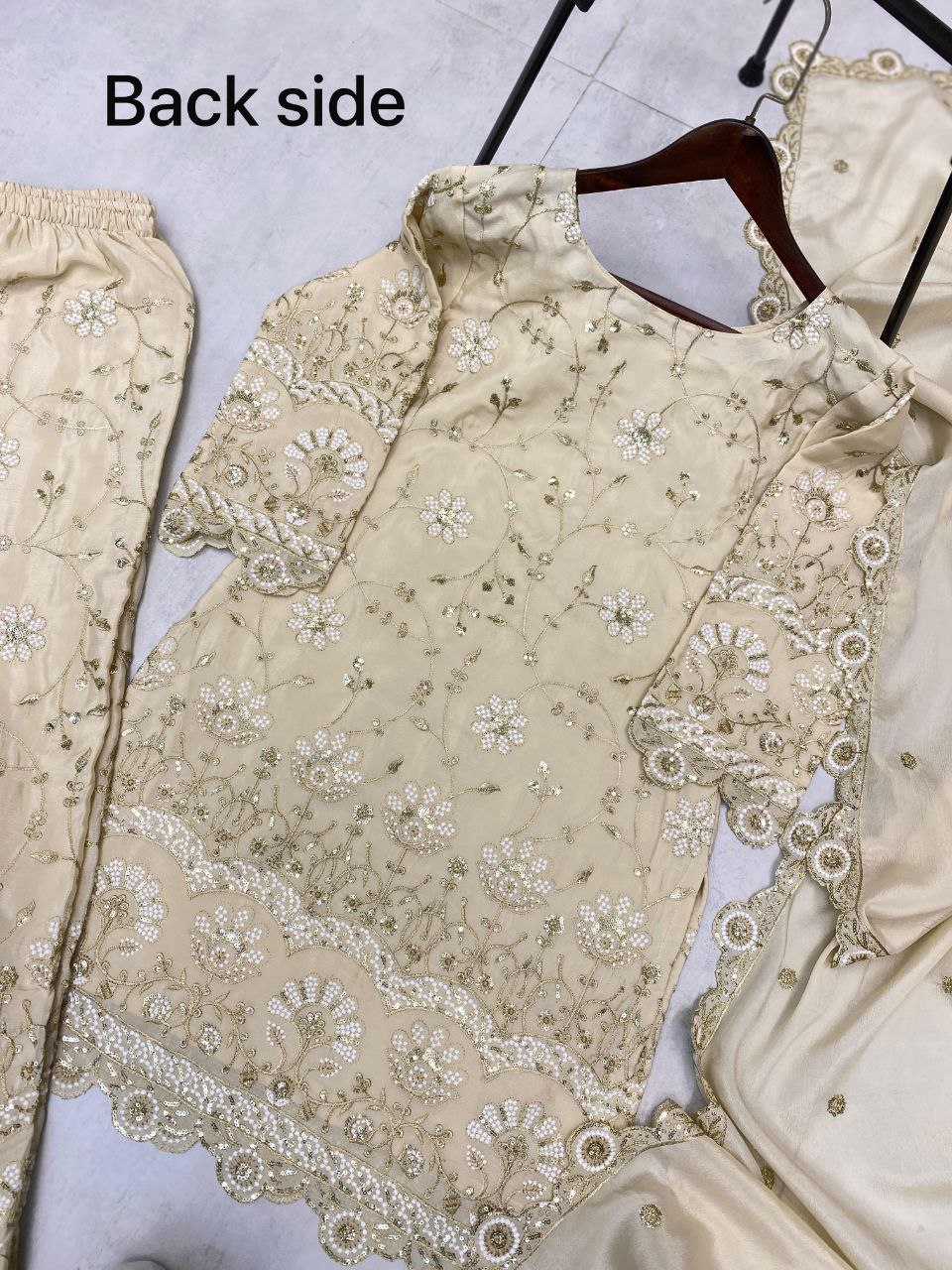 Chinon Kurta Plazzo Dupatta Set with All-Over Sequin Embroidery