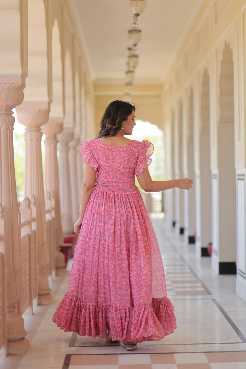 Premium Faux Georgette Flared Gown with Printed Design & Bell Sleeves