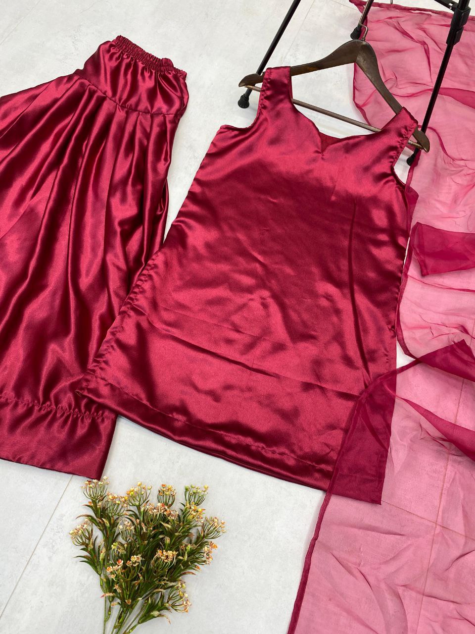 Designer Farsi Salwar Suit in Moss Satin with Organza Dupatta