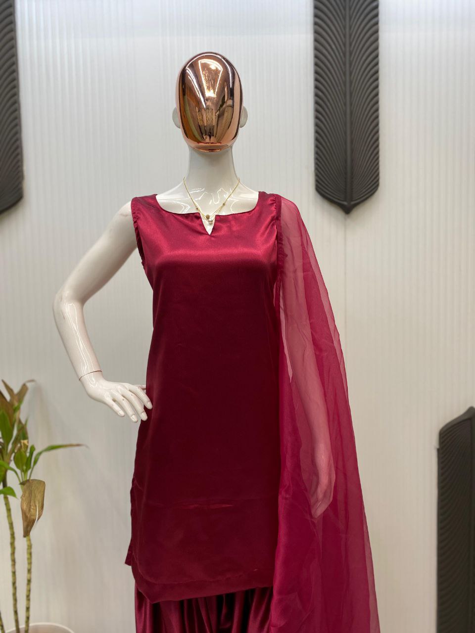 Designer Farsi Salwar Suit in Moss Satin with Organza Dupatta