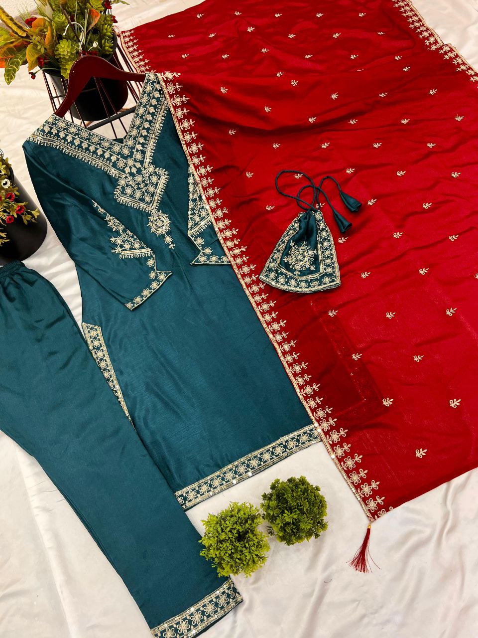 Festival Wear Chinnon Silk Suit Set with Heavy Embroidery