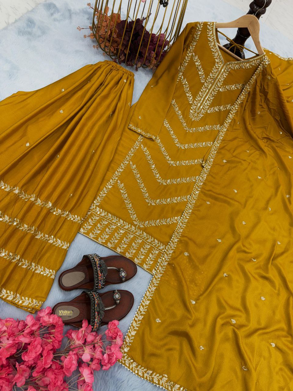 Designer Chinon Silk Embroidered Party Wear Set | Top, Plazzo & Dupatta | Readymade & Fully Stitched
