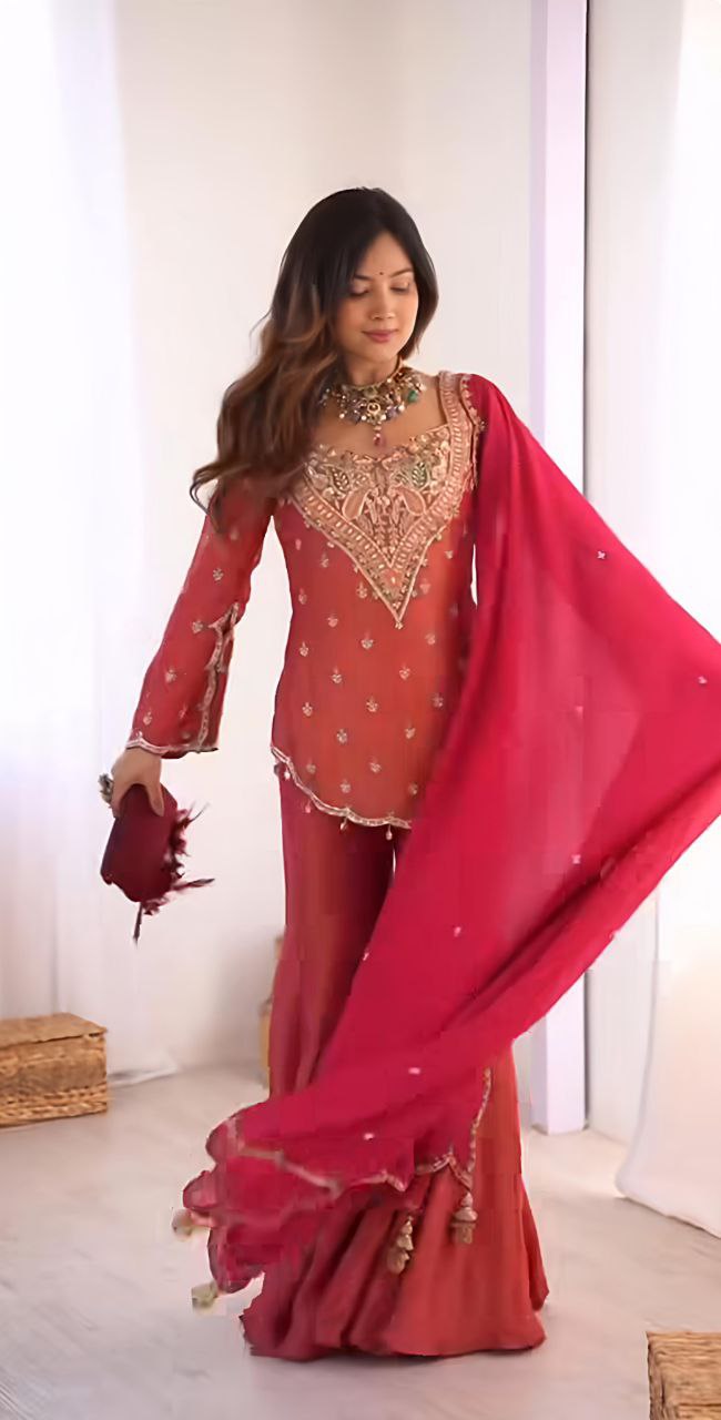 Designer Simar Silk Embroidered Kurti with Plazzo & Dupatta Set | Fully Stitched Party Wear Outfit