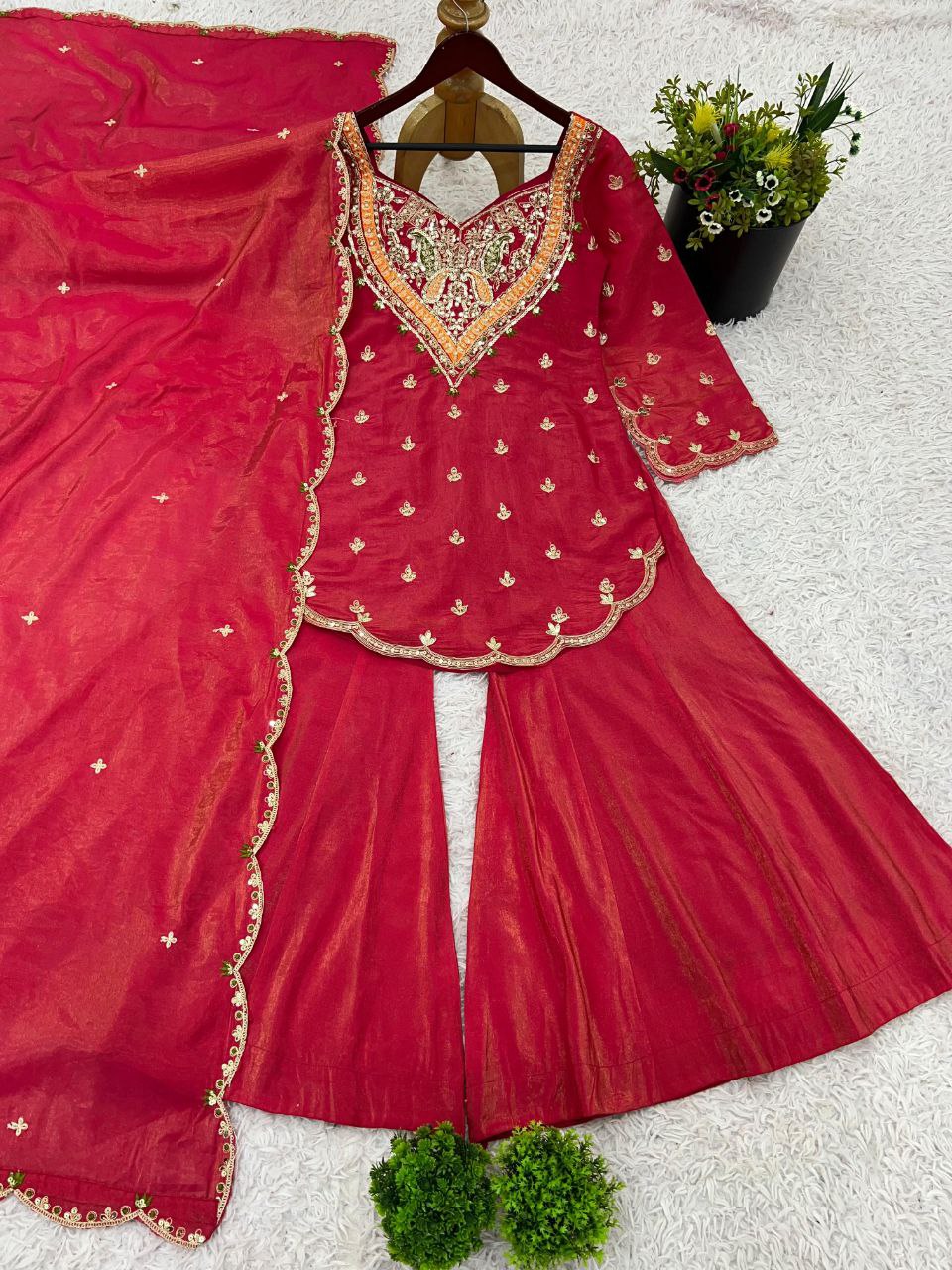 Designer Simar Silk Embroidered Kurti with Plazzo & Dupatta Set | Fully Stitched Party Wear Outfit
