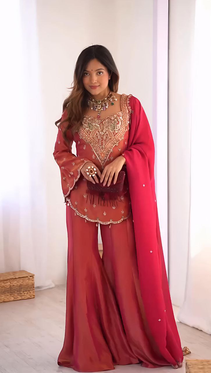 Designer Simar Silk Embroidered Kurti with Plazzo & Dupatta Set | Fully Stitched Party Wear Outfit