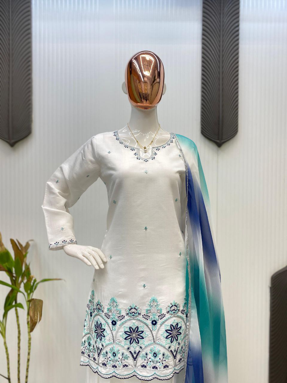 Designer Farsi Salwar Suit in Roman Silk with Sequin Embroidery & Silver Siffon Dupatta