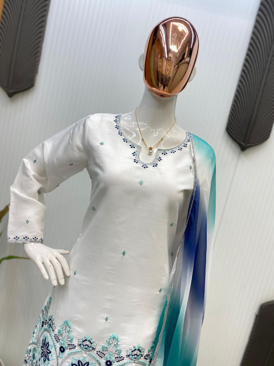 Designer Farsi Salwar Suit in Roman Silk with Sequin Embroidery & Silver Siffon Dupatta