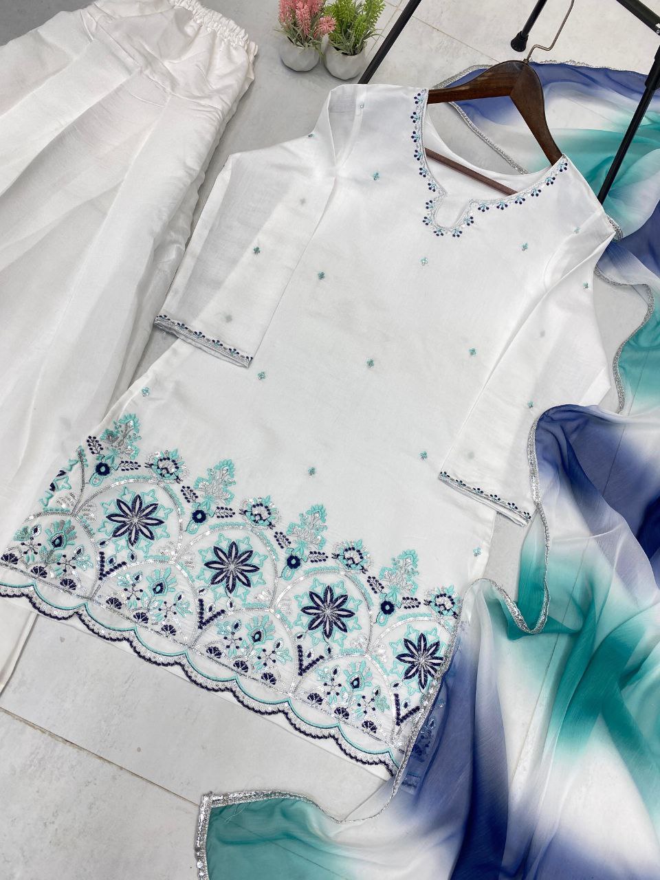 Designer Farsi Salwar Suit in Roman Silk with Sequin Embroidery & Silver Siffon Dupatta