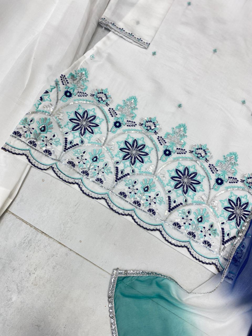 Designer Farsi Salwar Suit in Roman Silk with Sequin Embroidery & Silver Siffon Dupatta