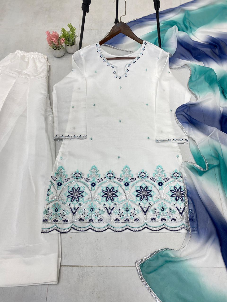 Designer Farsi Salwar Suit in Roman Silk with Sequin Embroidery & Silver Siffon Dupatta