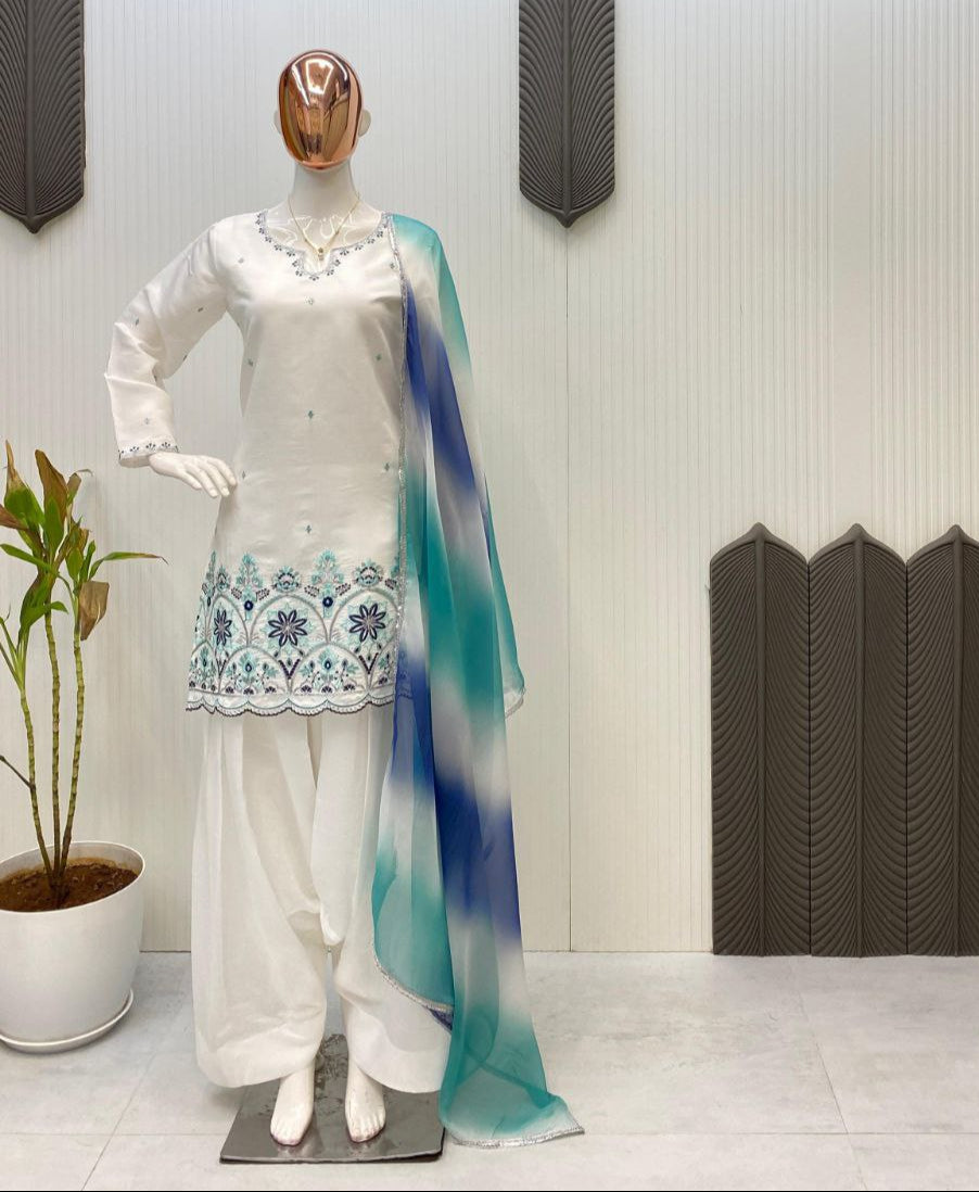 Designer Farsi Salwar Suit in Roman Silk with Sequin Embroidery & Silver Siffon Dupatta