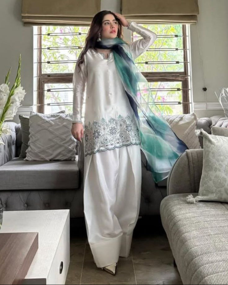 Designer Farsi Salwar Suit in Roman Silk with Sequin Embroidery & Silver Siffon Dupatta