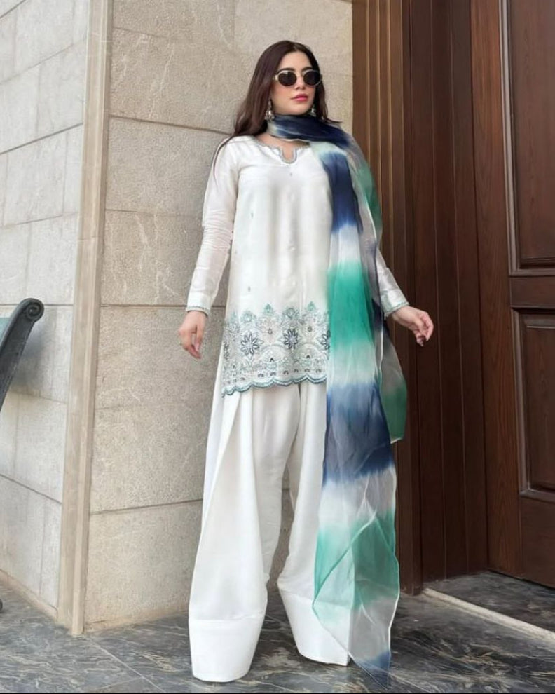 Designer Farsi Salwar Suit in Roman Silk with Sequin Embroidery & Silver Siffon Dupatta