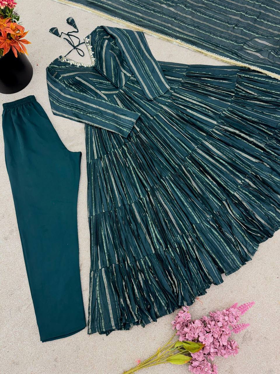 Premium Mal Chanderi Ruffle Gown‑Pant‑Dupatta Set – Mirror Handwork