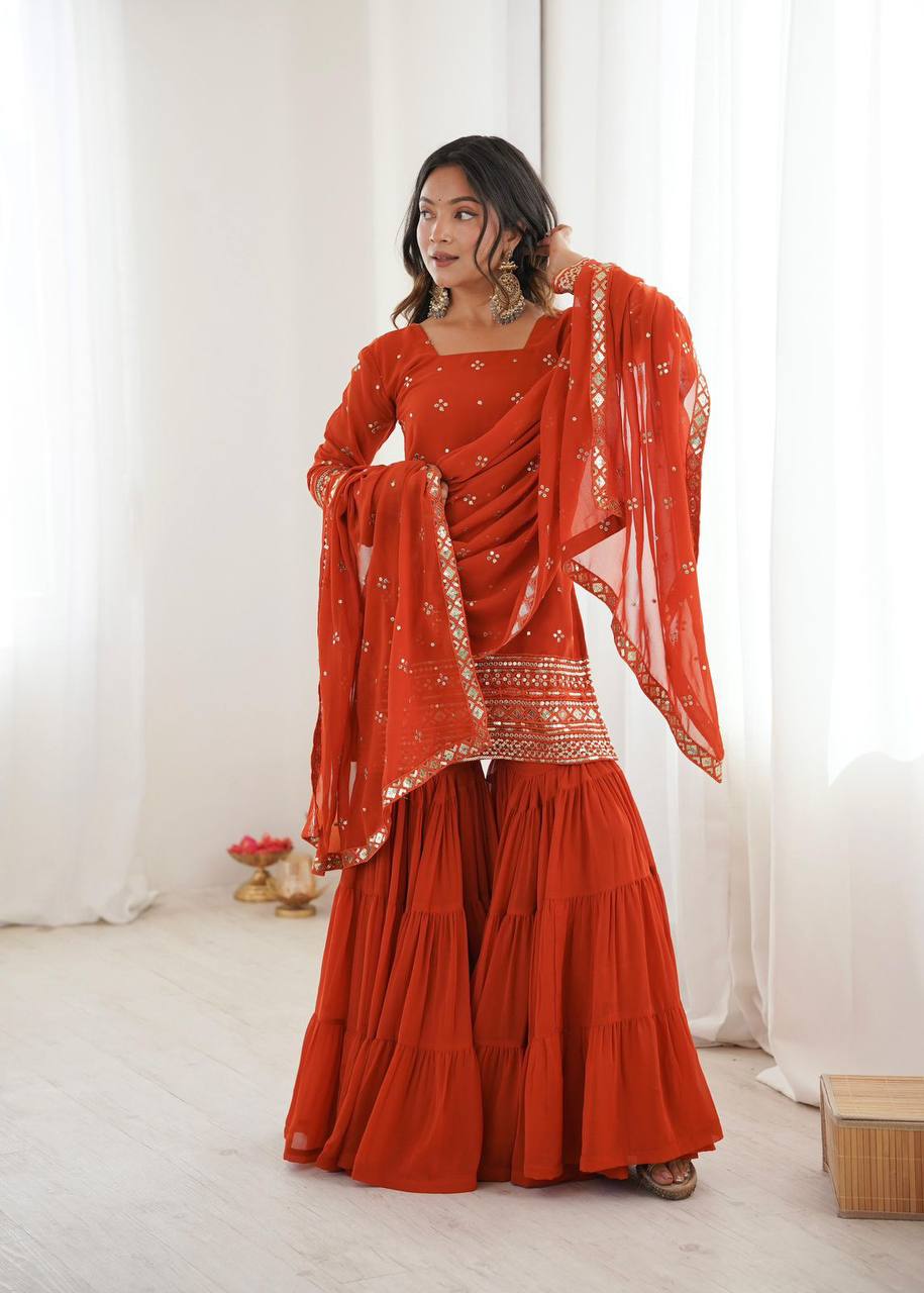Premium Georgette Top‑Sharara‑Dupatta Set – Sequins Embroidery with 6m Flair