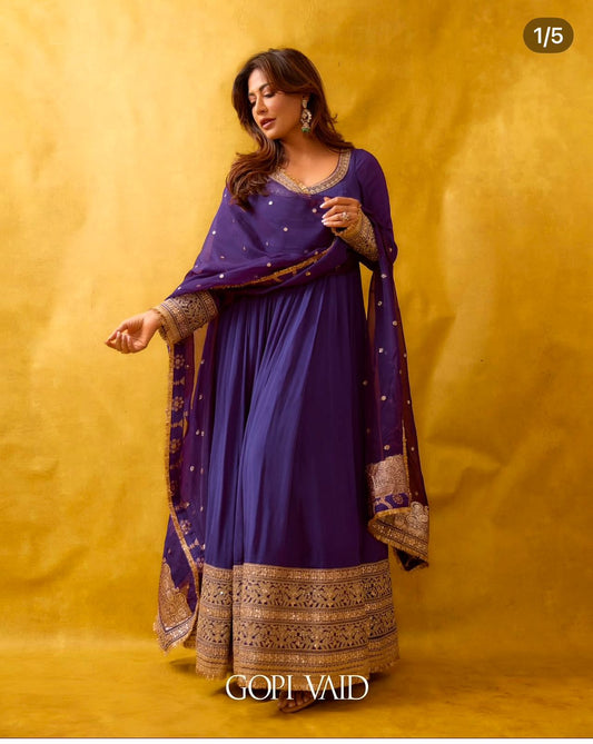 Premium Purple Chinon Silk Designer Gown Set for Women with Pant & Dupatta