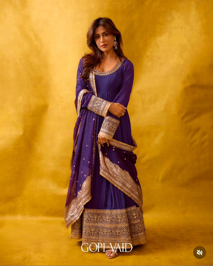 Premium Purple Chinon Silk Designer Gown Set for Women with Pant & Dupatta