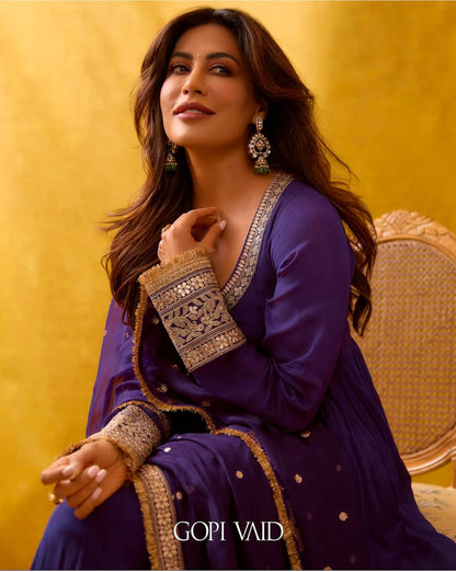 Premium Purple Chinon Silk Designer Gown Set for Women with Pant & Dupatta